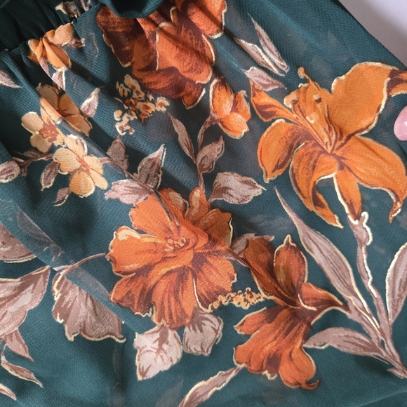 Alexa B Nites chiffon green orange floral flutter sleeve maxi dress 12P - Picture 6 of 12